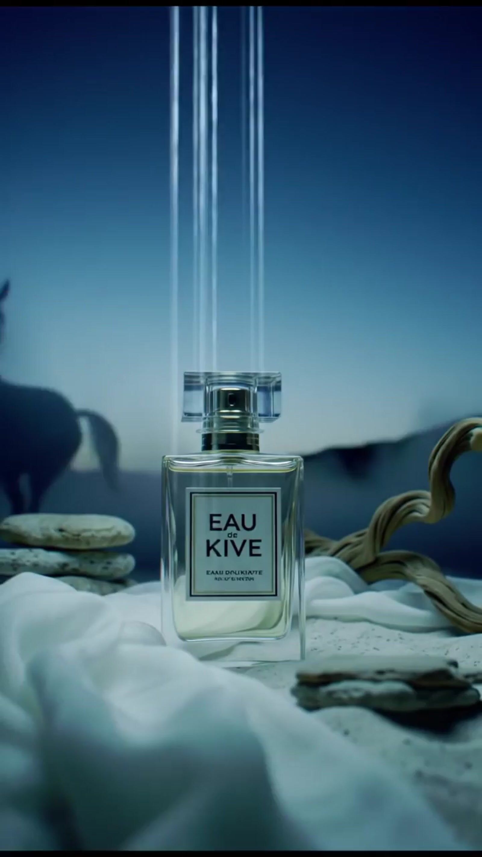 a bottle of eau kve sitting on top of a bed