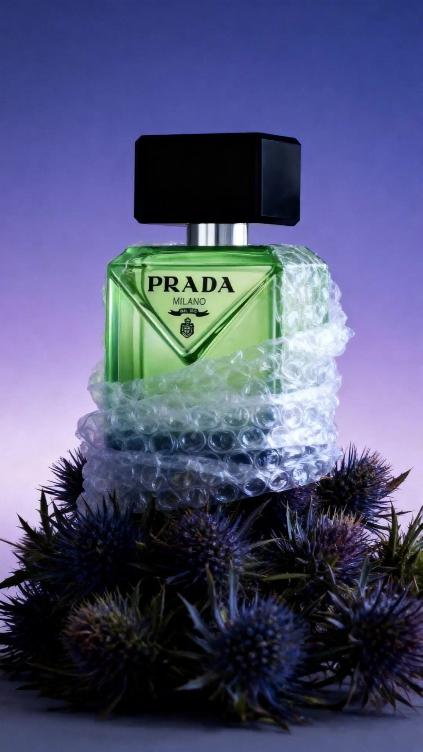 a bottle of prada cologne sitting on top of a plant