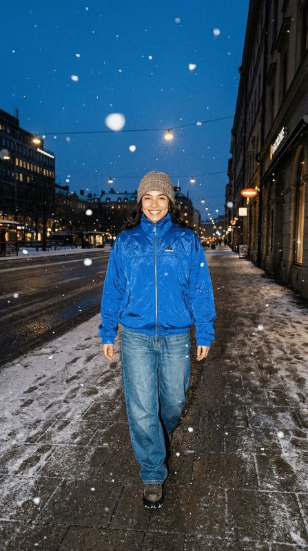 a woman standing in the middle of a snowy street
