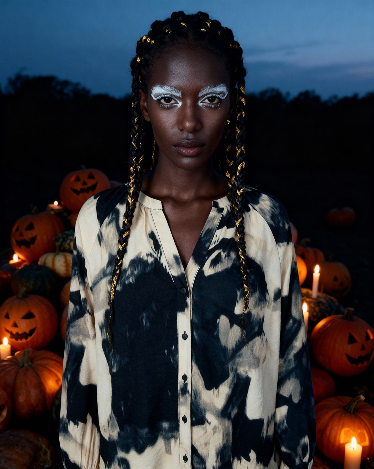 a woman standing in front of a pile of pumpkins