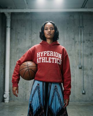 a woman in a red sweatshirt holding a basketball