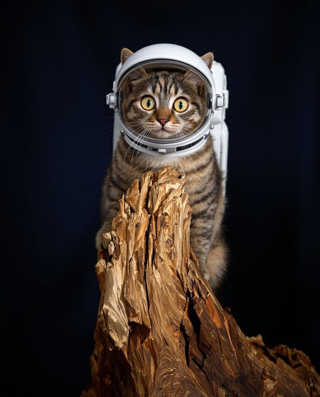 a cat wearing an astronaut's helmet on top of a piece of wood