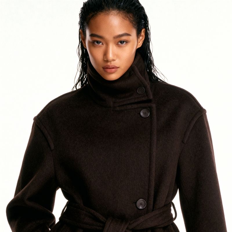 a woman in a brown coat is posing for a picture