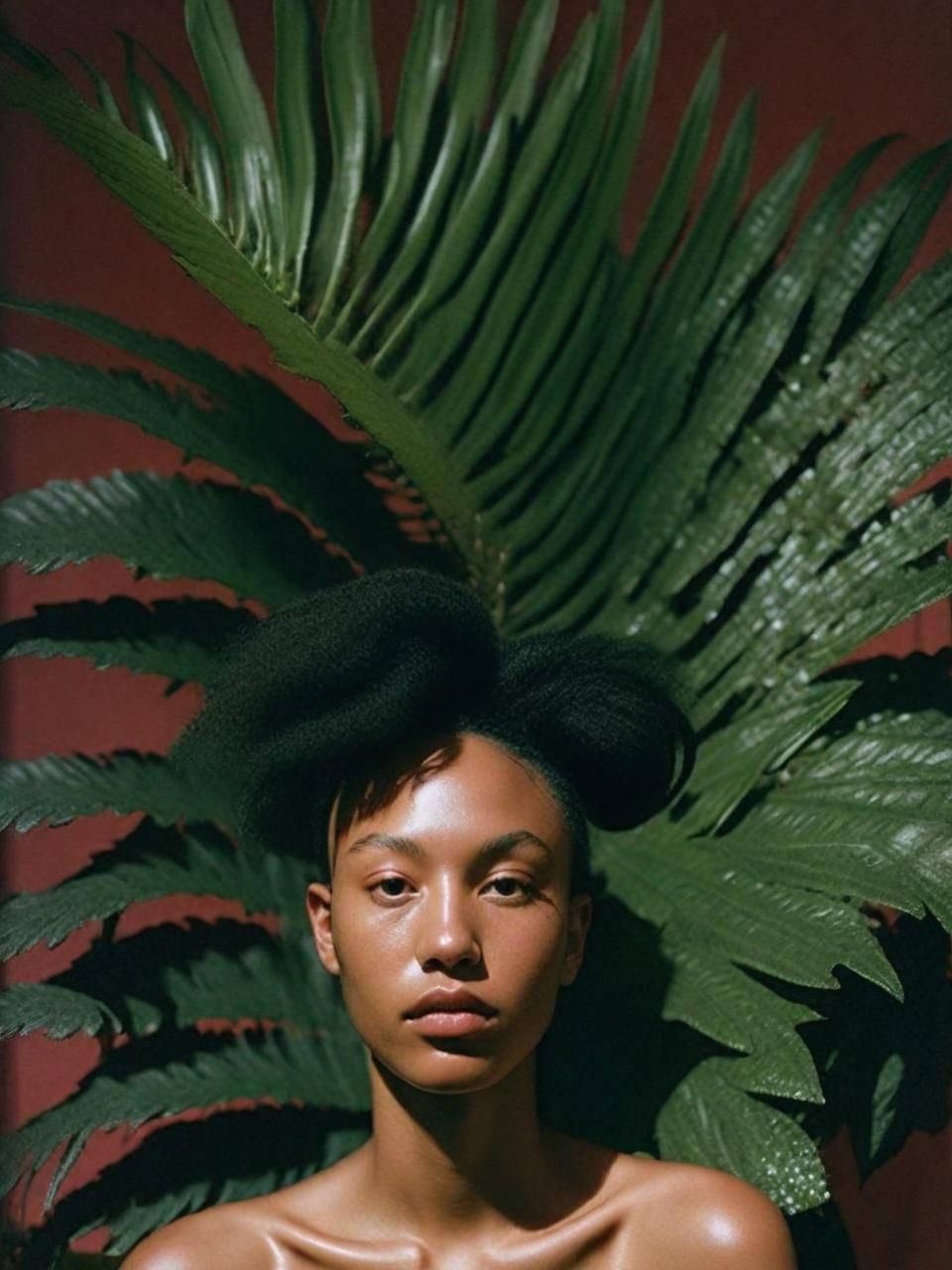 a woman standing in front of a green plant