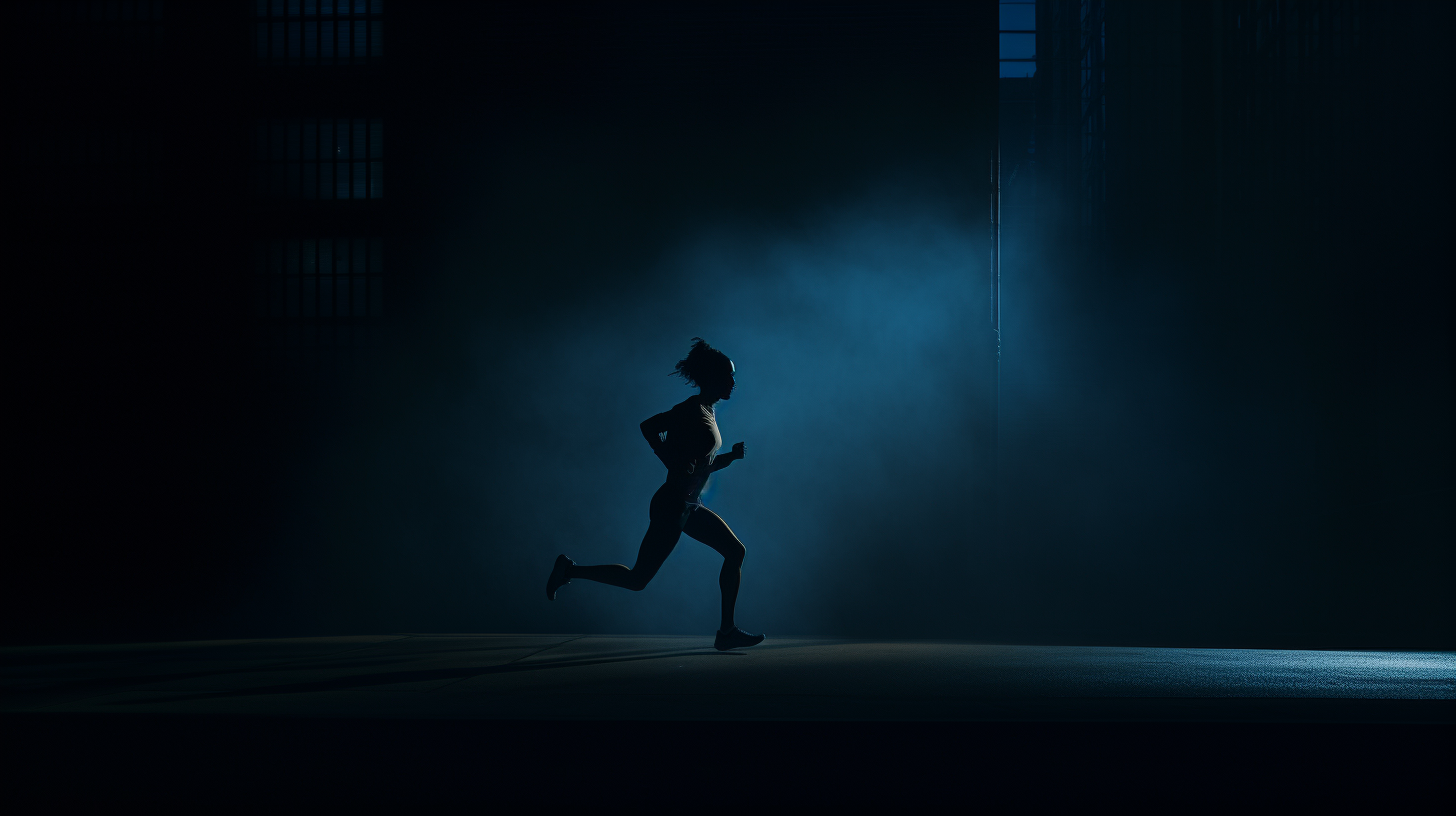 a person running in the dark with a building in the background