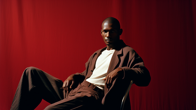 a man sitting in a chair in front of a red curtain