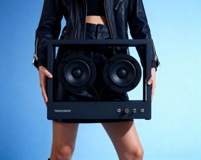 a woman holding a speaker in front of her face