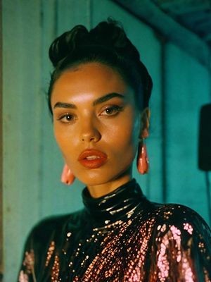 a woman in a black top and pink earrings