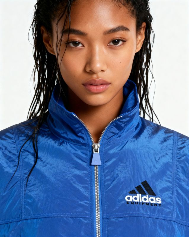 a young woman wearing a blue adidas jacket
