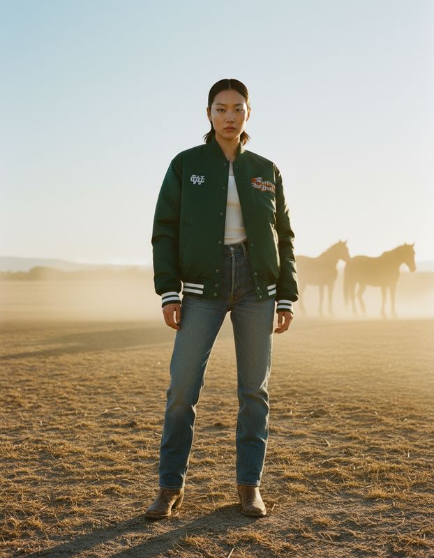 a woman standing in a field with horses in the background