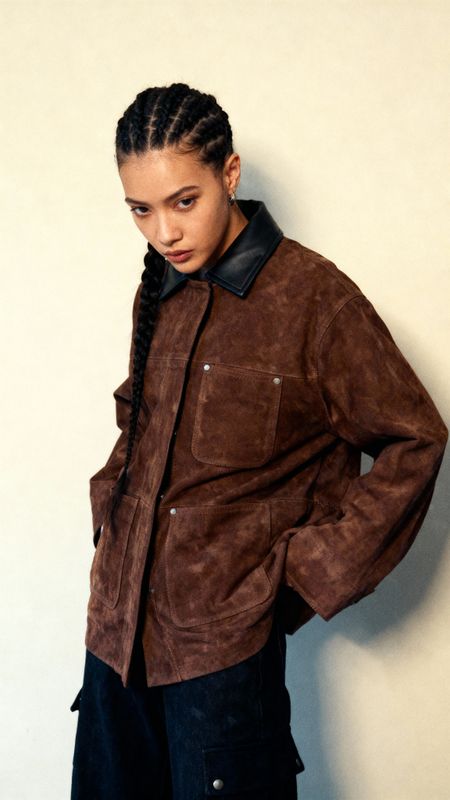 a woman wearing a brown jacket and black pants