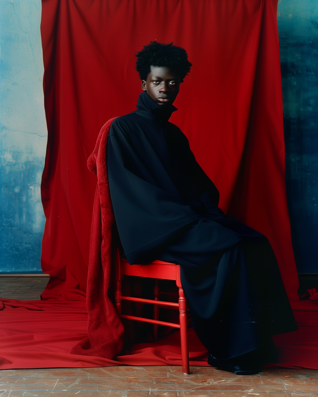 a woman sitting on a red chair in front of a red curtain