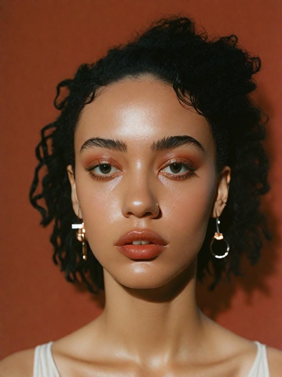 a close up of a woman with curly hair