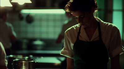 a woman standing in a kitchen preparing food