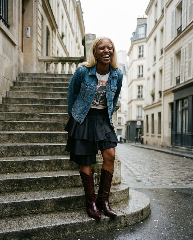 a woman standing on the steps of a building