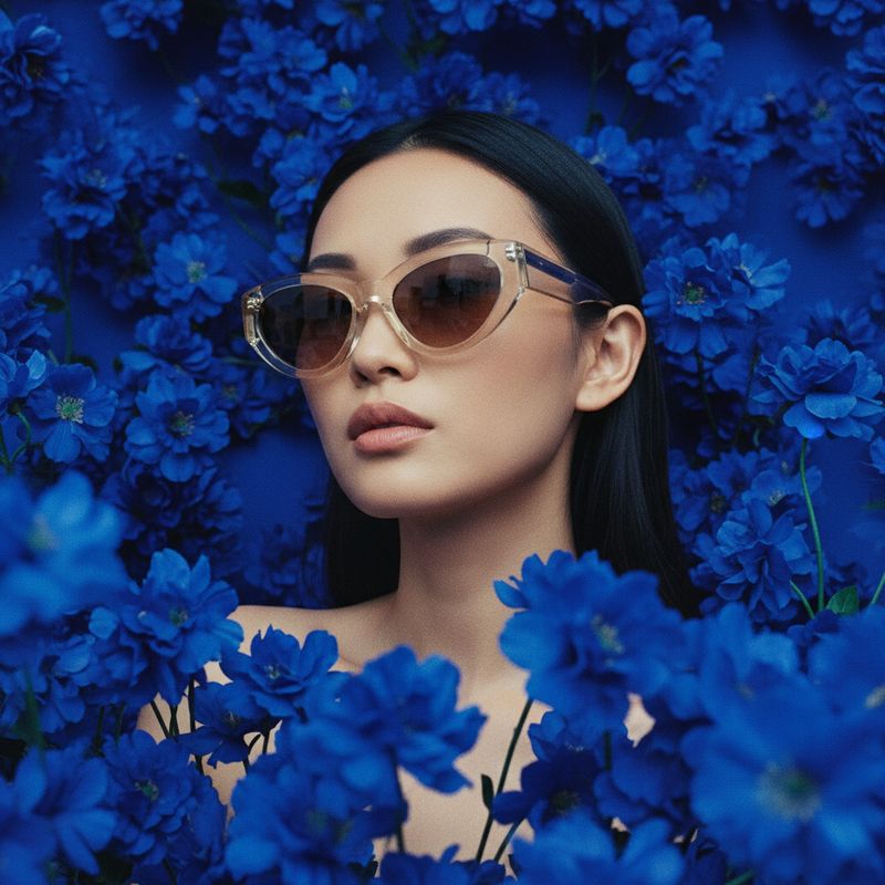 a woman wearing sunglasses standing in a field of blue flowers