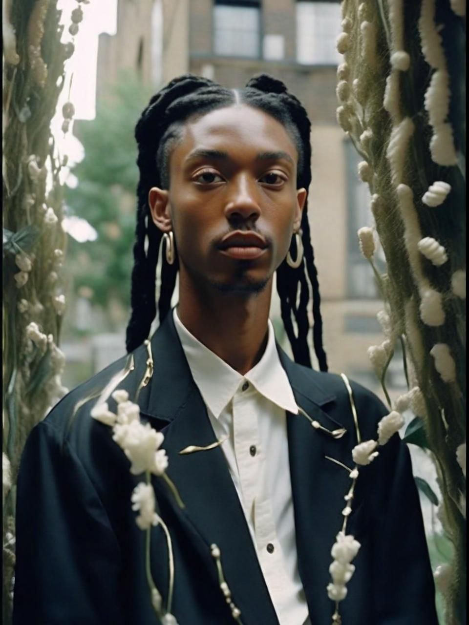 a man with dreadlocks standing in front of a tree