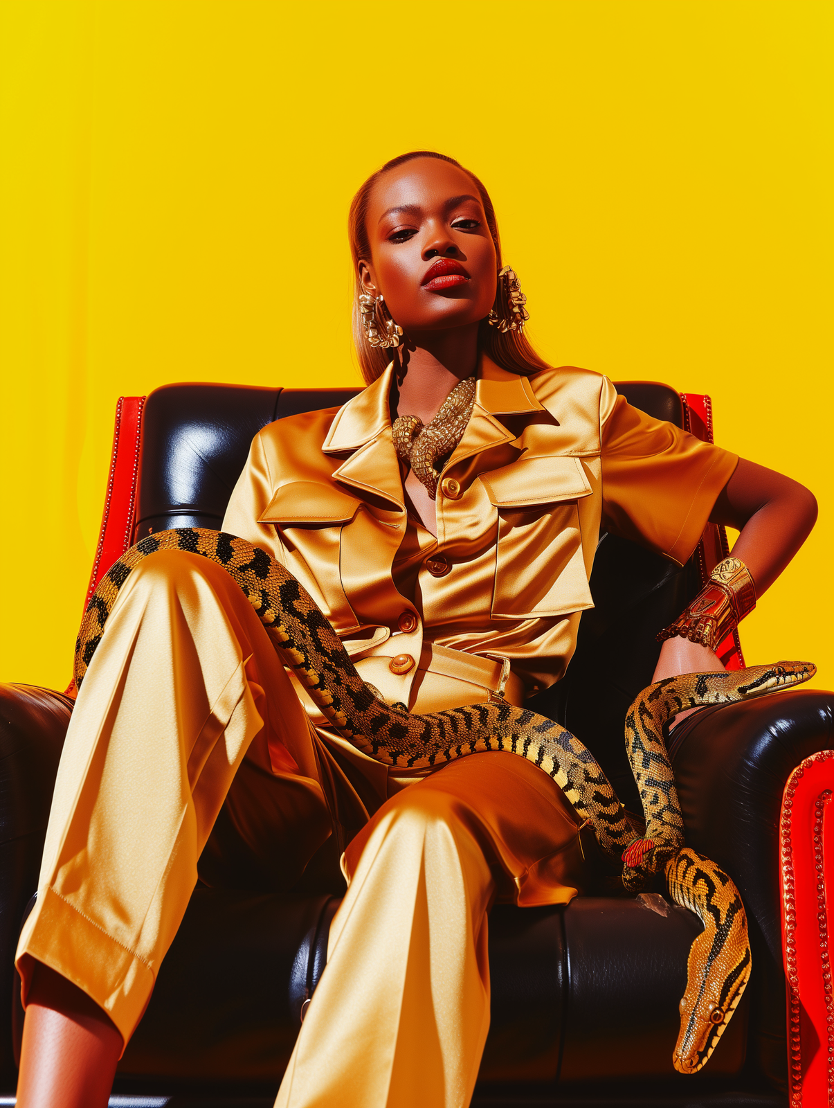 a woman sitting on top of a black chair