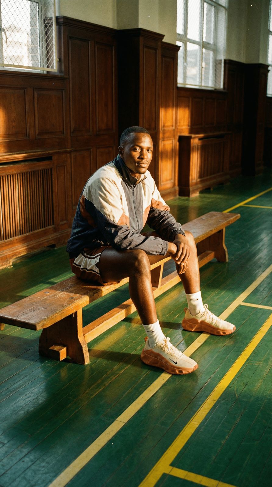 a man sitting on a bench in a building