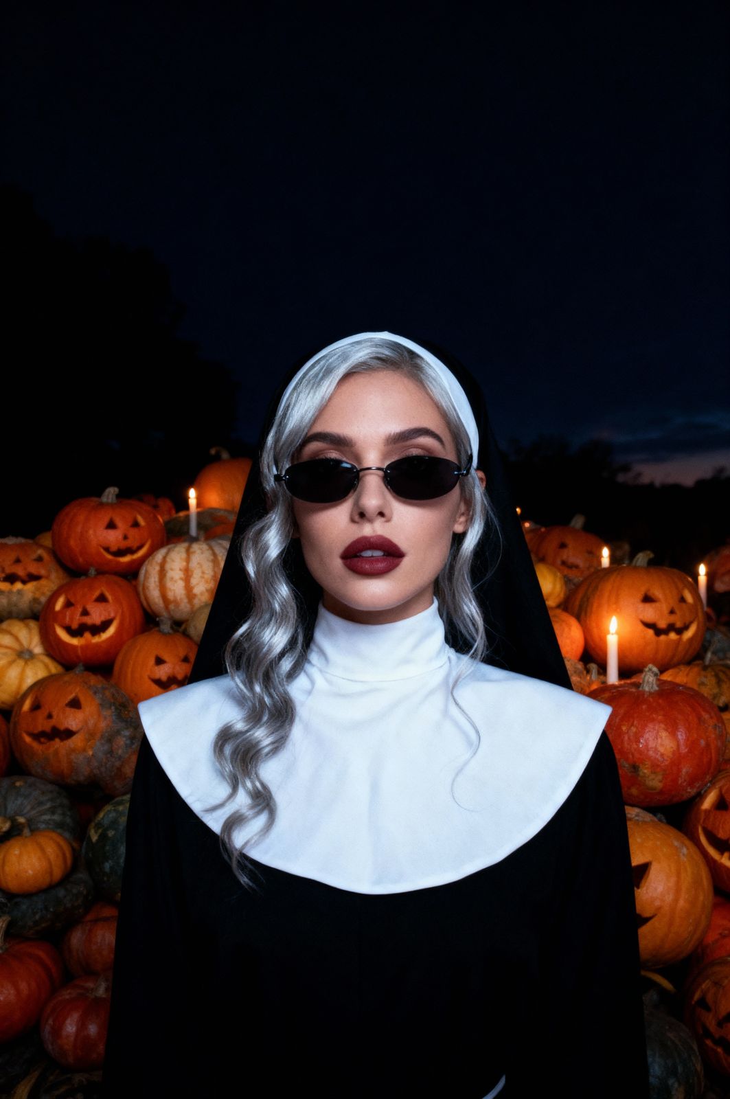 a woman in a nun outfit standing in front of pumpkins