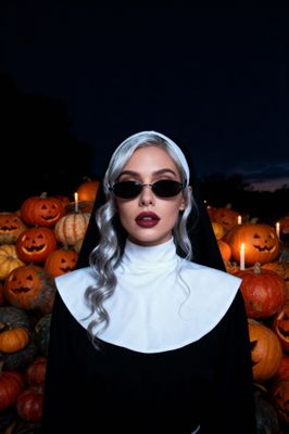 a woman in a nun outfit standing in front of pumpkins