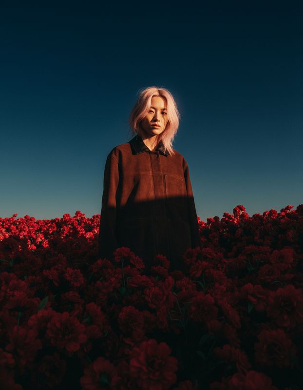 a woman standing in a field of red flowers