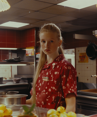 a young girl standing in a kitchen next to a bowl of fruit
