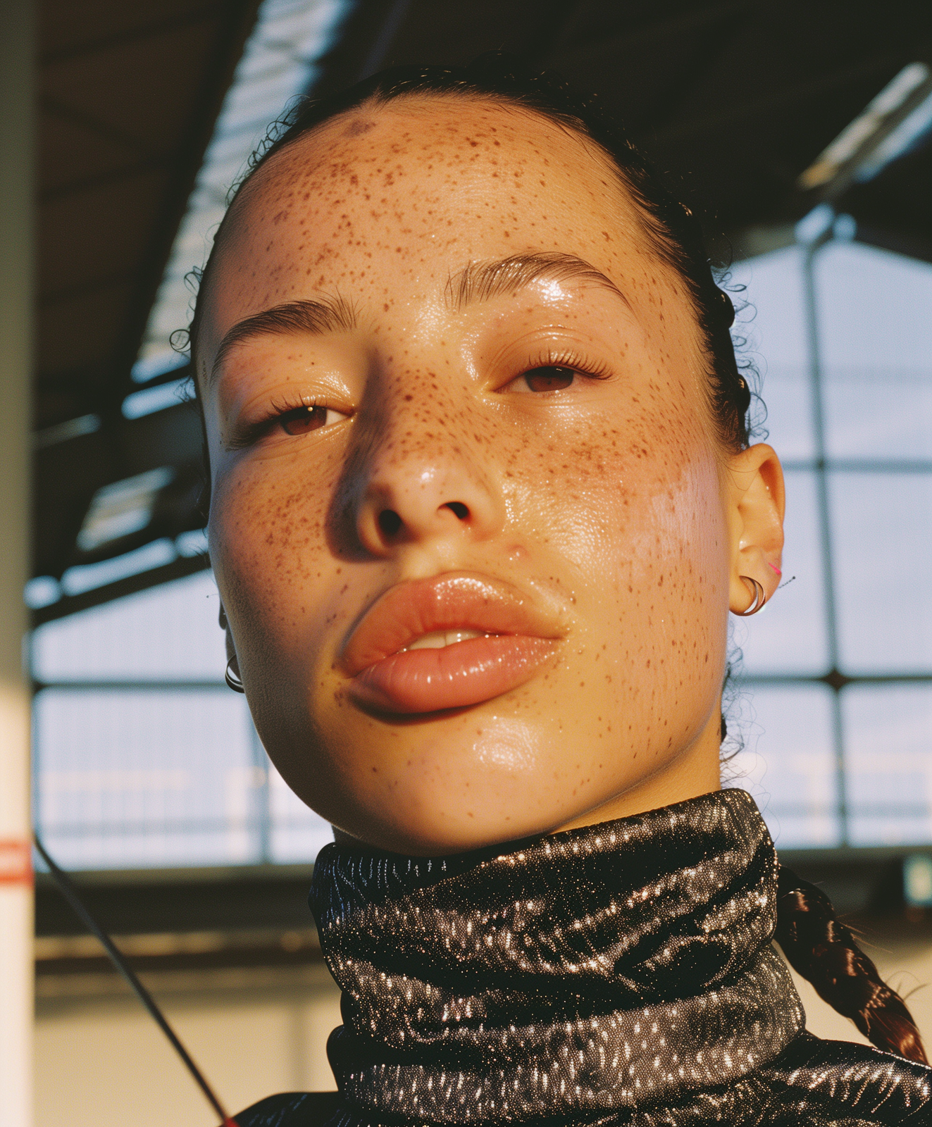 a woman with freckled hair and a scarf around her neck