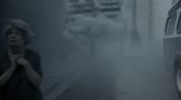 a woman standing next to a van in a foggy street