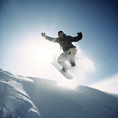 a man riding a snowboard down the side of a snow covered slope