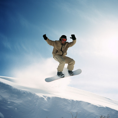 a man riding a snowboard down the side of a snow covered slope