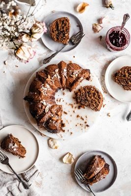 a bundt cake on a plate with a fork