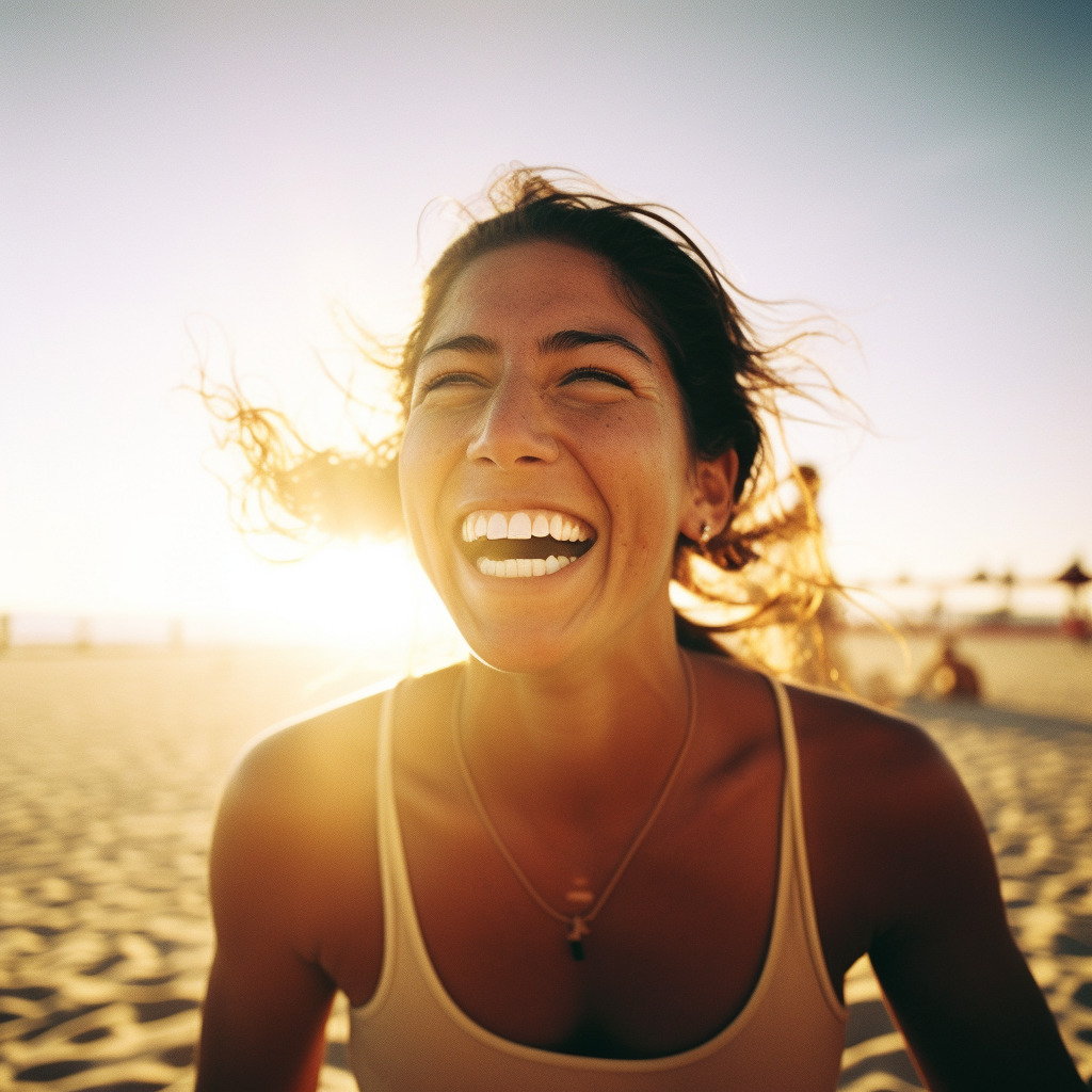 a woman laughing on the beach at sunset