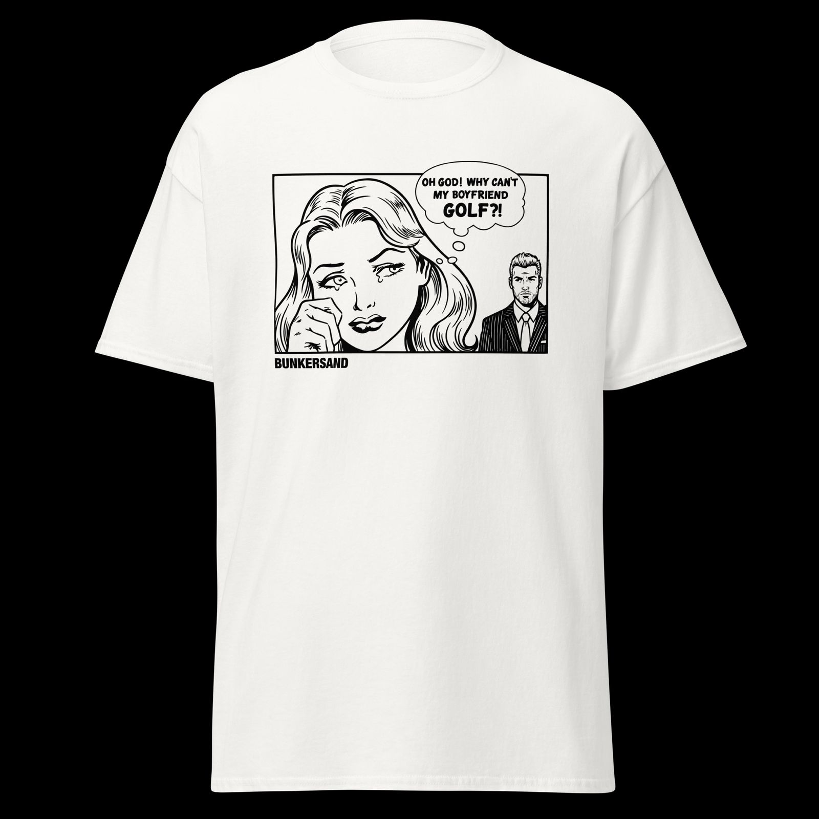 a white t - shirt with a cartoon of a woman talking to a man