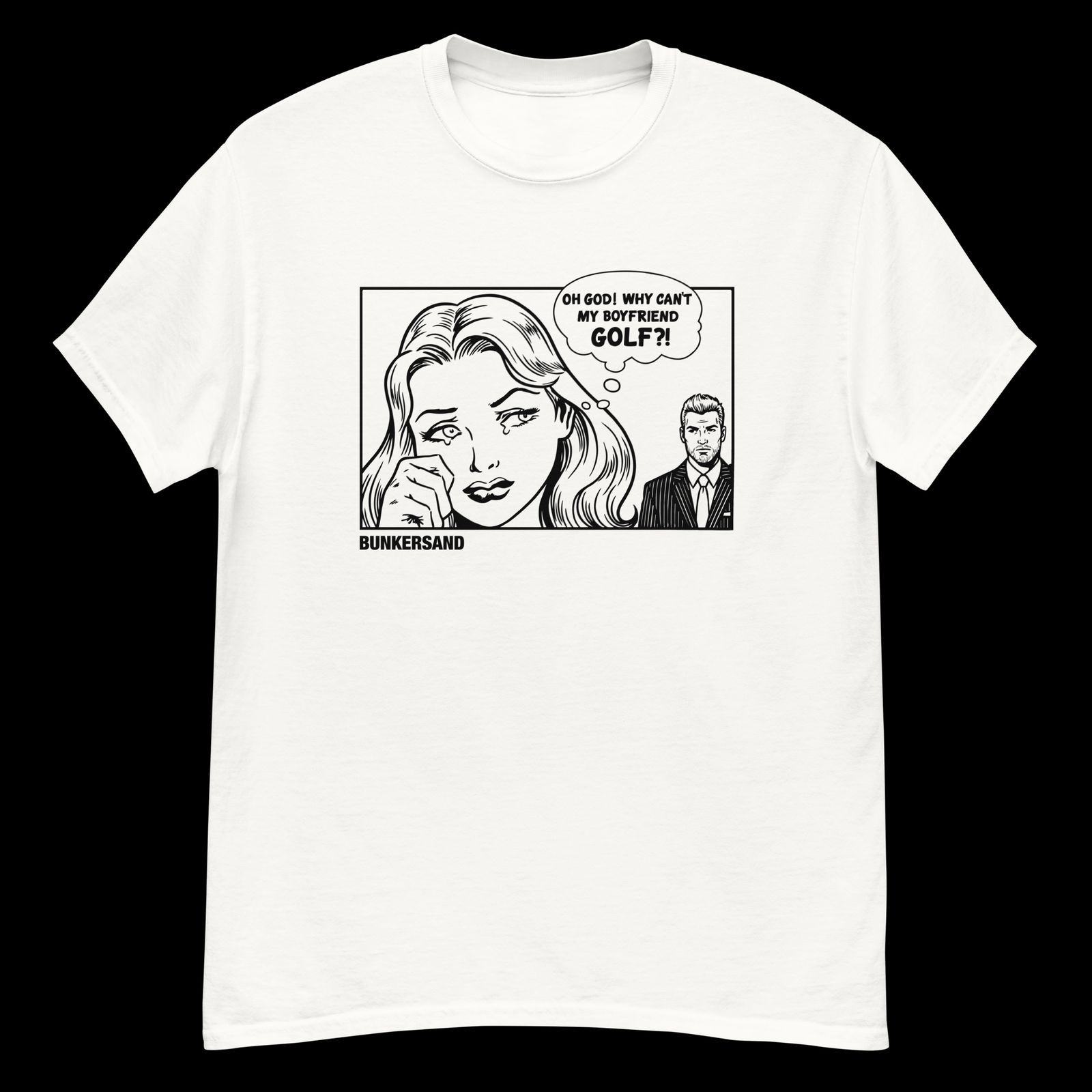 a white t - shirt with a cartoon of a woman talking to a man