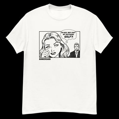 a white t - shirt with a cartoon of a woman talking to a man
