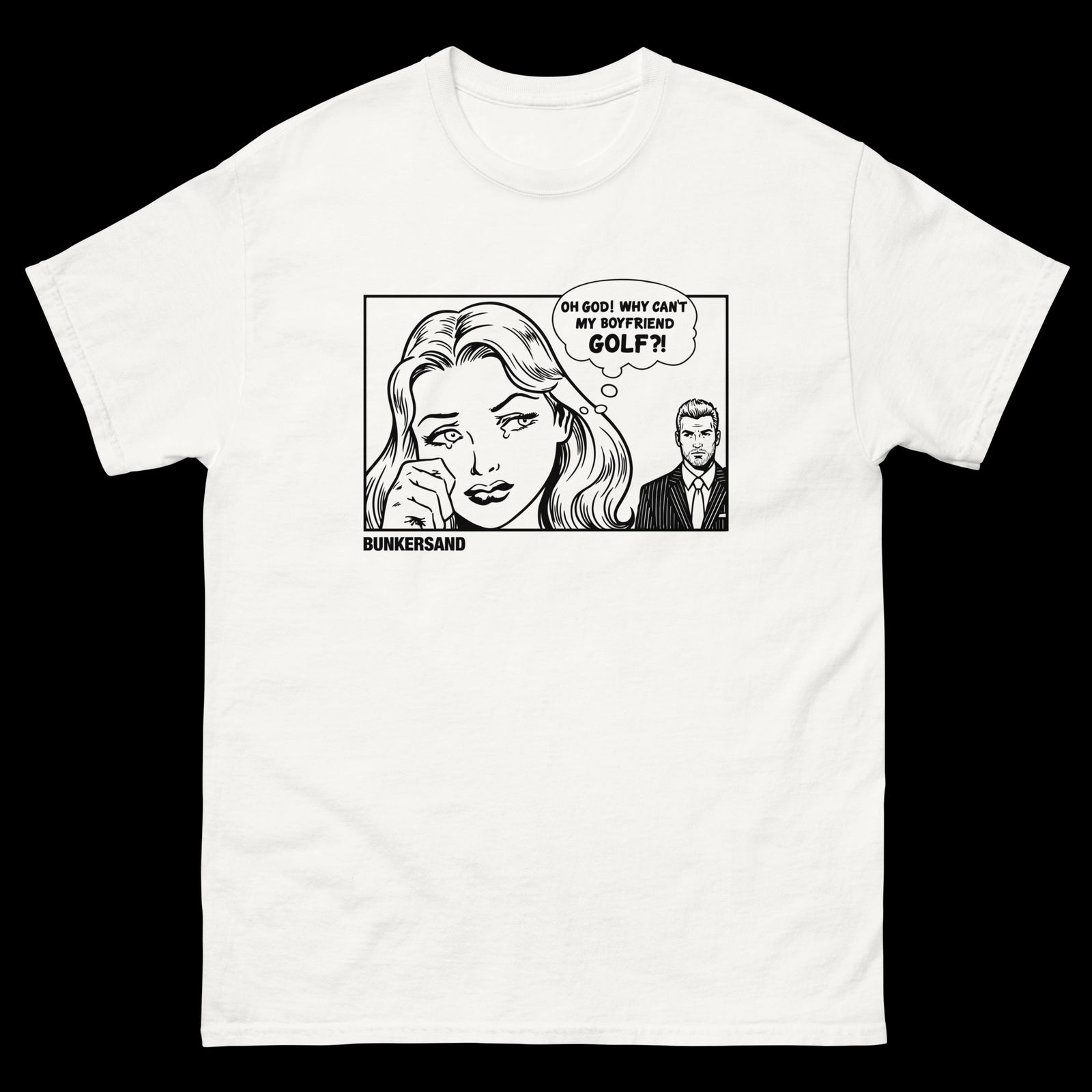 a white t - shirt with a cartoon of a woman talking to a man