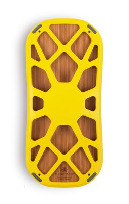 a yellow skateboard with a wooden design on it