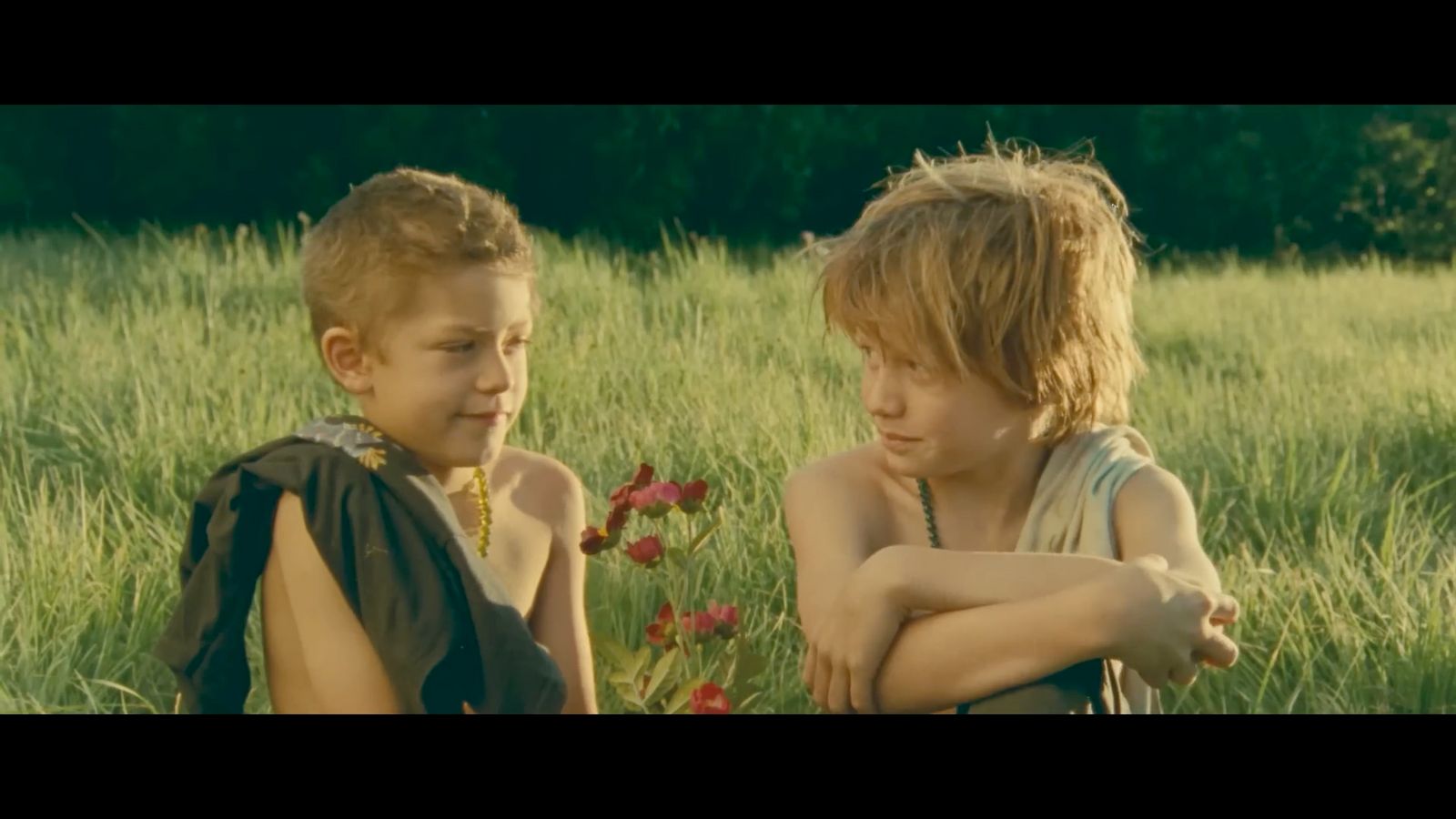 two young children sitting in a field of grass