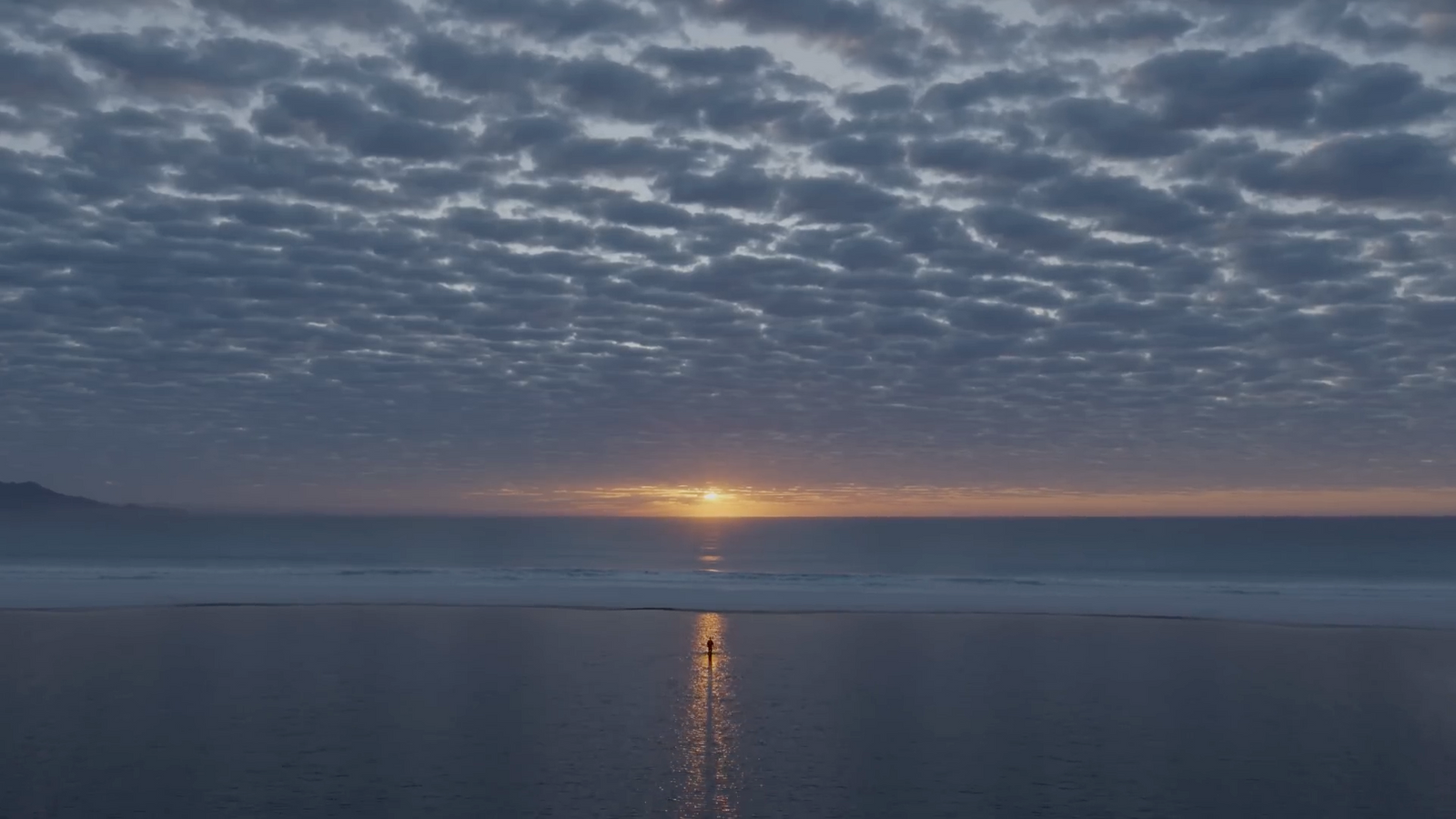 a person standing on a beach at sunset