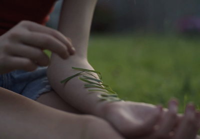 a person sitting in the grass with their arm wrapped around a plant