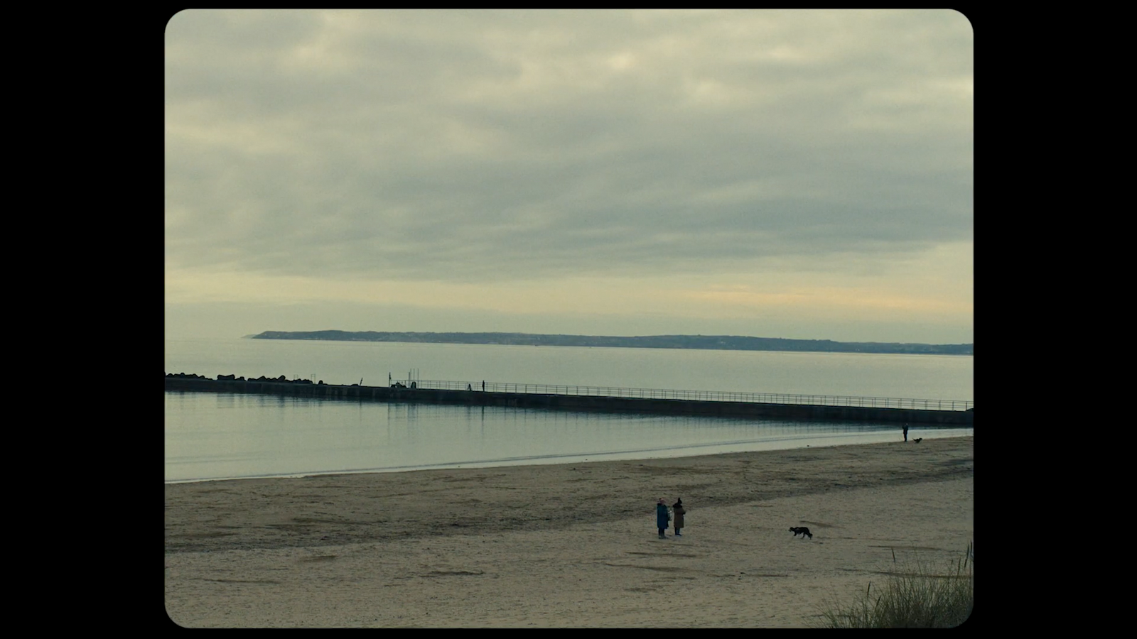 a couple of people standing on top of a sandy beach