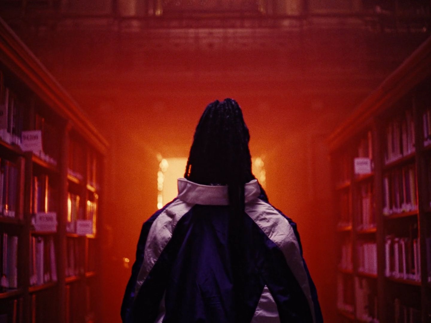 a person standing in a dark room with bookshelves