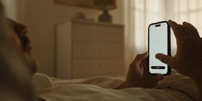 a person laying in bed holding a cell phone