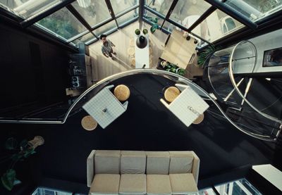 an overhead view of a living room and dining area