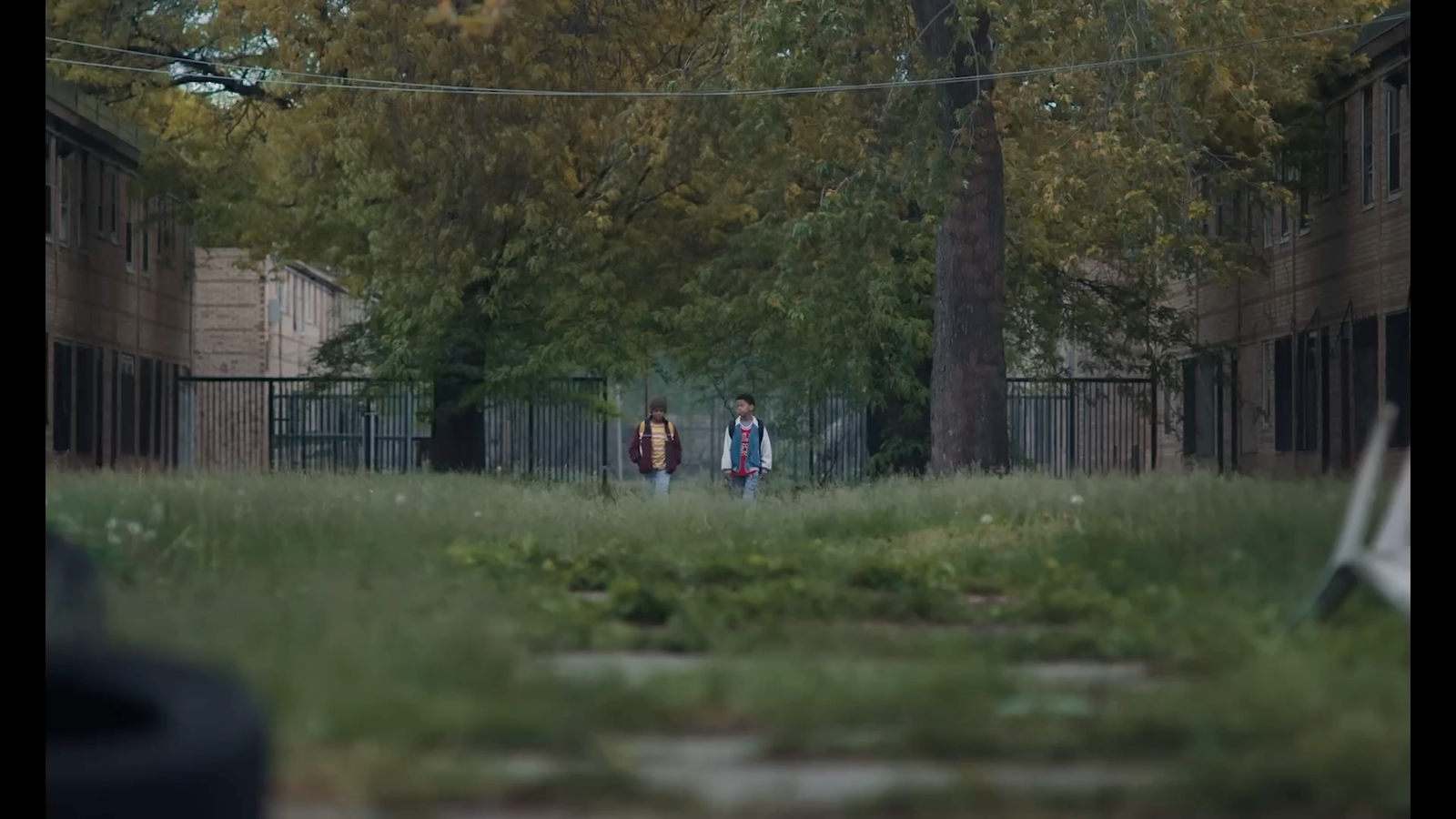 a couple of people standing in the grass