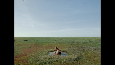 a person sitting in a field with a kite in the sky