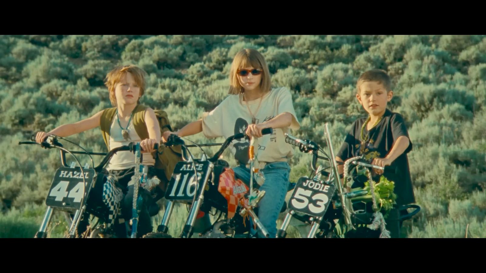 a woman and two children on bikes in a field