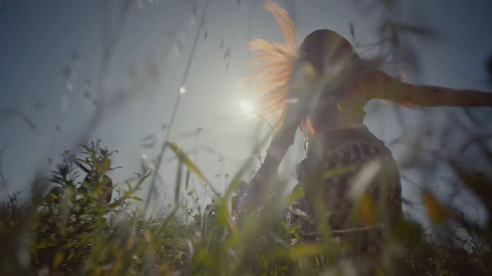 a woman standing in a field with her hair blowing in the wind