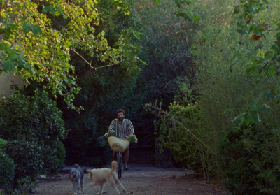 a man riding a bike down a dirt road next to a dog